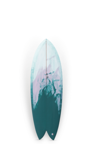Shapers-Club- Une planche de surf THOMAS BEXON - KEEPER - 9'8 au design symétrique aux couleurs bleu sarcelle et noir et une ligne centrale noire, sur fond transparent. -surfshop-surfboard