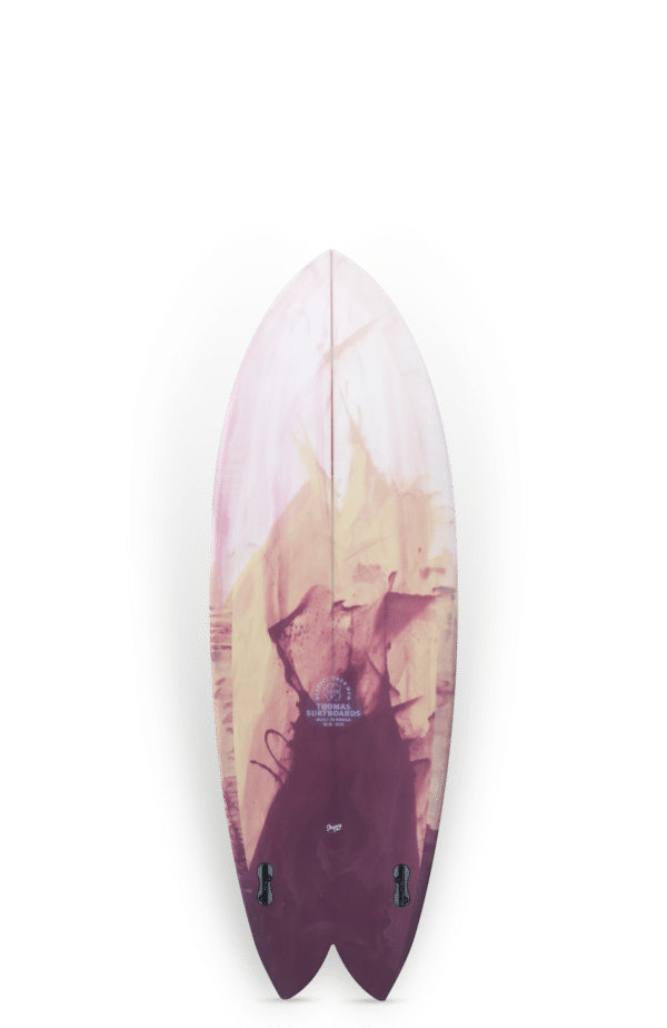 Shapers-Club- Une planche de surf THOMAS BEXON - KEEPER - 9'8 avec un design abstrait rose et violet et deux ailerons attachés, sur un fond transparent. -surfshop-surfboard