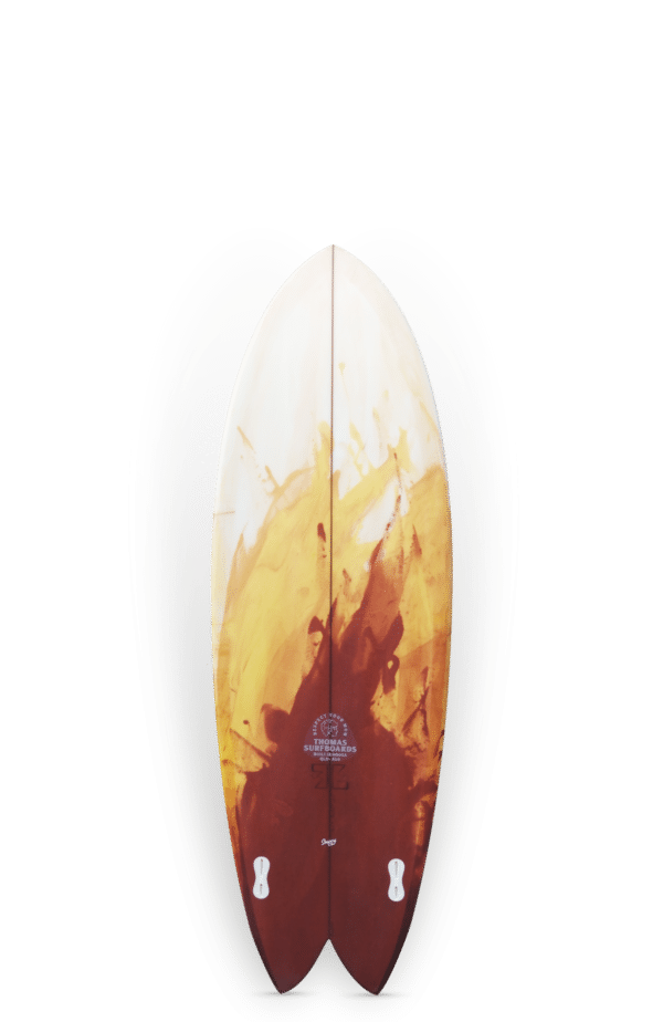 Shapers-Club- Une planche de surf avec un design THOMAS BEXON - KEEPER - 9'8x23 1/4x3 - Abstract Vert/Jaune de Thomas Bexon, positionné verticalement sur un fond translucide. -surfshop-surfboard