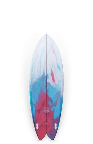 Shapers-Club- Une planche de surf colorée THOMAS BEXON - KEEPER - 9'8x23 1/4x3 avec un design abstrait Vert Jaune, avec des nuances de bleu et de rouge, debout sur un fond blanc. -surfshop-surfboard