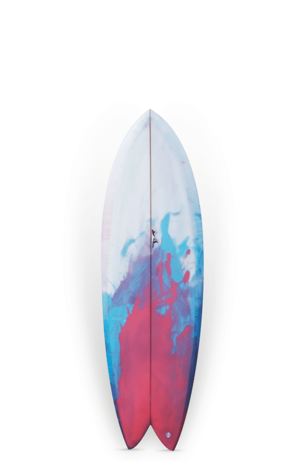 Shapers-Club- Une planche de surf colorée THOMAS BEXON - KEEPER - 9'8x23 1/4x3 avec un design abstrait Vert Jaune, avec des nuances de bleu et de rouge, debout sur un fond blanc. -surfshop-surfboard