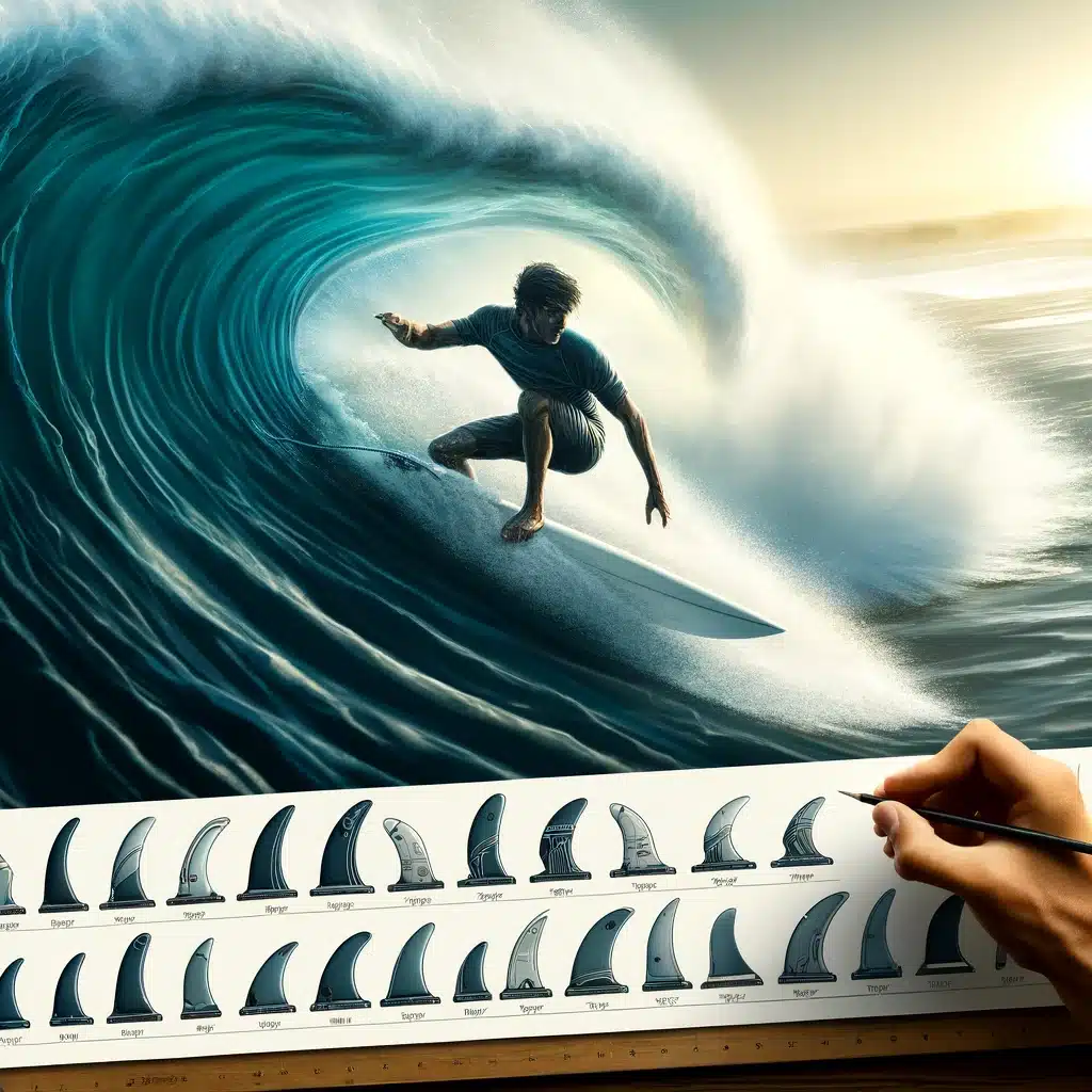 Shapers-Club- Une œuvre d'art numérique représentant une main dessinant un surfeur chevauchant une vague imposante, avec une série de motifs d'ailerons de planche de surf alignés sous l'image. -surfshop-surfboard