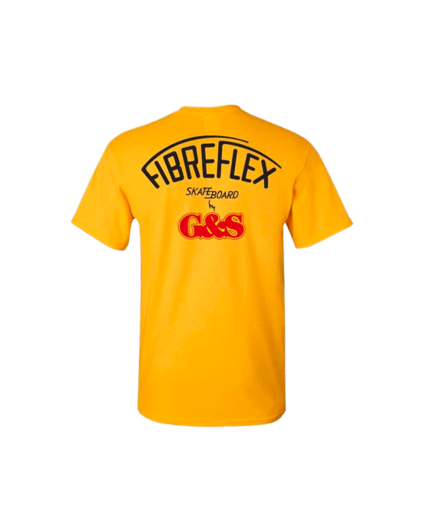 Shapers-Club- Un "Gordon and Smith - Tee-shirt FibreFlex GOLD" jaune vif avec le logo bien en évidence au dos. -surfshop-surfboard