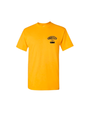 Shapers-Club- Un t-shirt Gordon and Smith jaune vif avec un petit logo FibreFlex GOLD noir sur la poitrine gauche affiché sur un fond blanc. -surfshop-surfboard